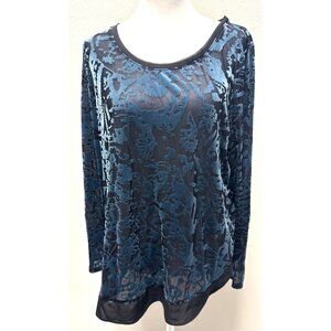 Simply Vera Wang Burnt Out Velvet Chiffon Tunic Blouse Blue Black Trim Pm Gothic